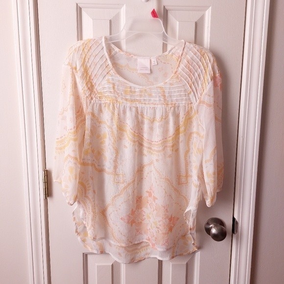LC Lauren Conrad Tops - Lauren Conrad - Pintuck Peasant Boho Sheer Top Peach & White "Maribella Tile"